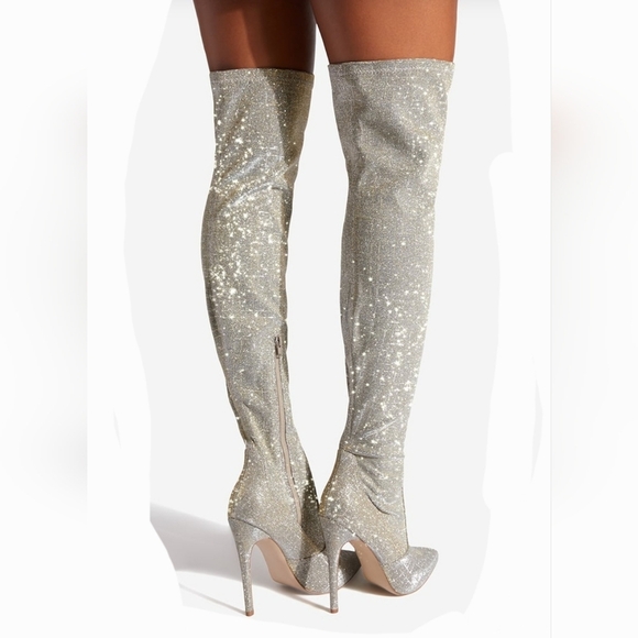 New! Silver gold sparkle boots stiletto heels thigh high stretchy size 8 wide - Picture 6 of 16